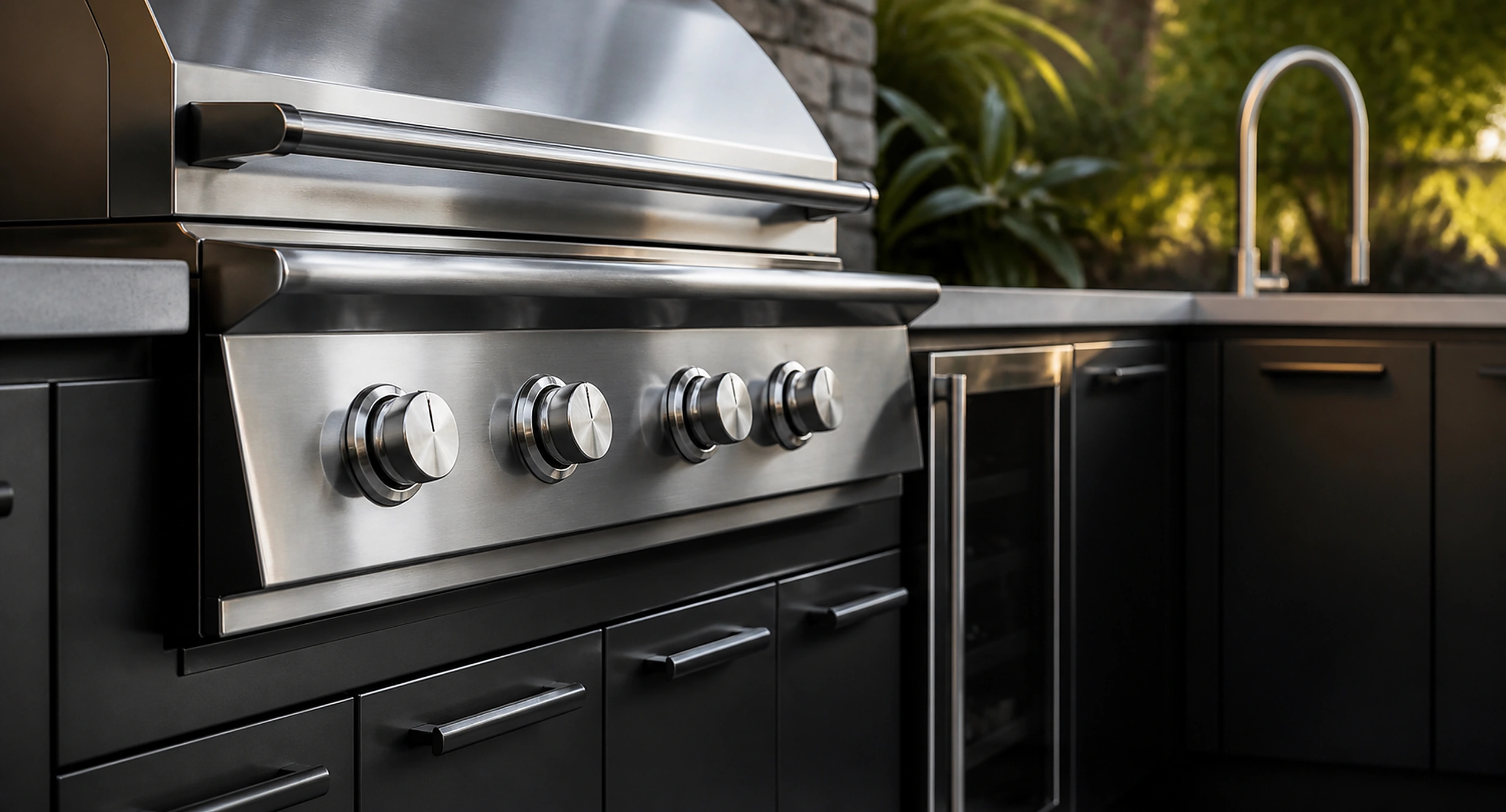 Close-up of stainless steel outdoor kitchen craftsmanship