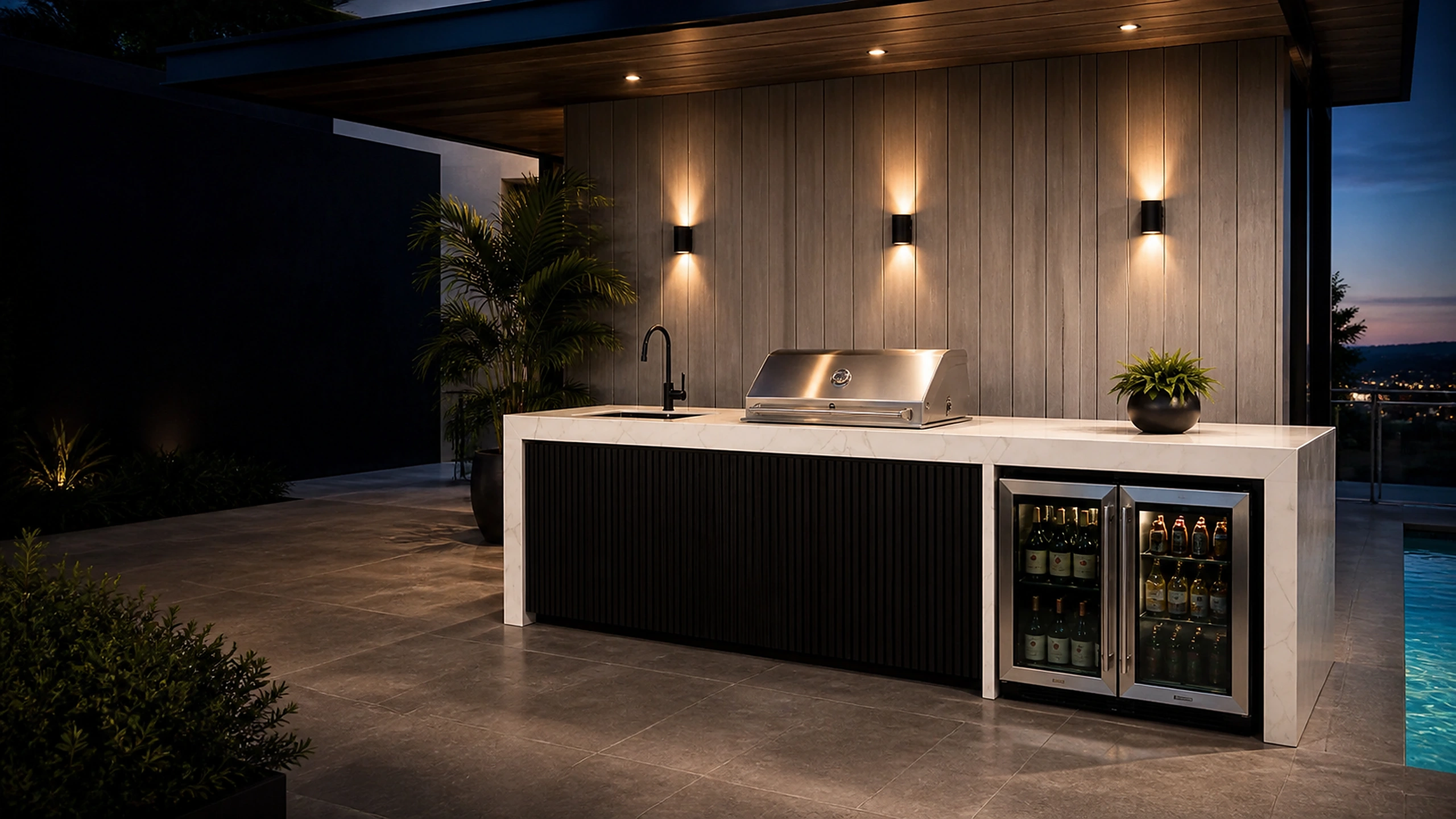 Premium outdoor kitchen beside a pool at blue hour